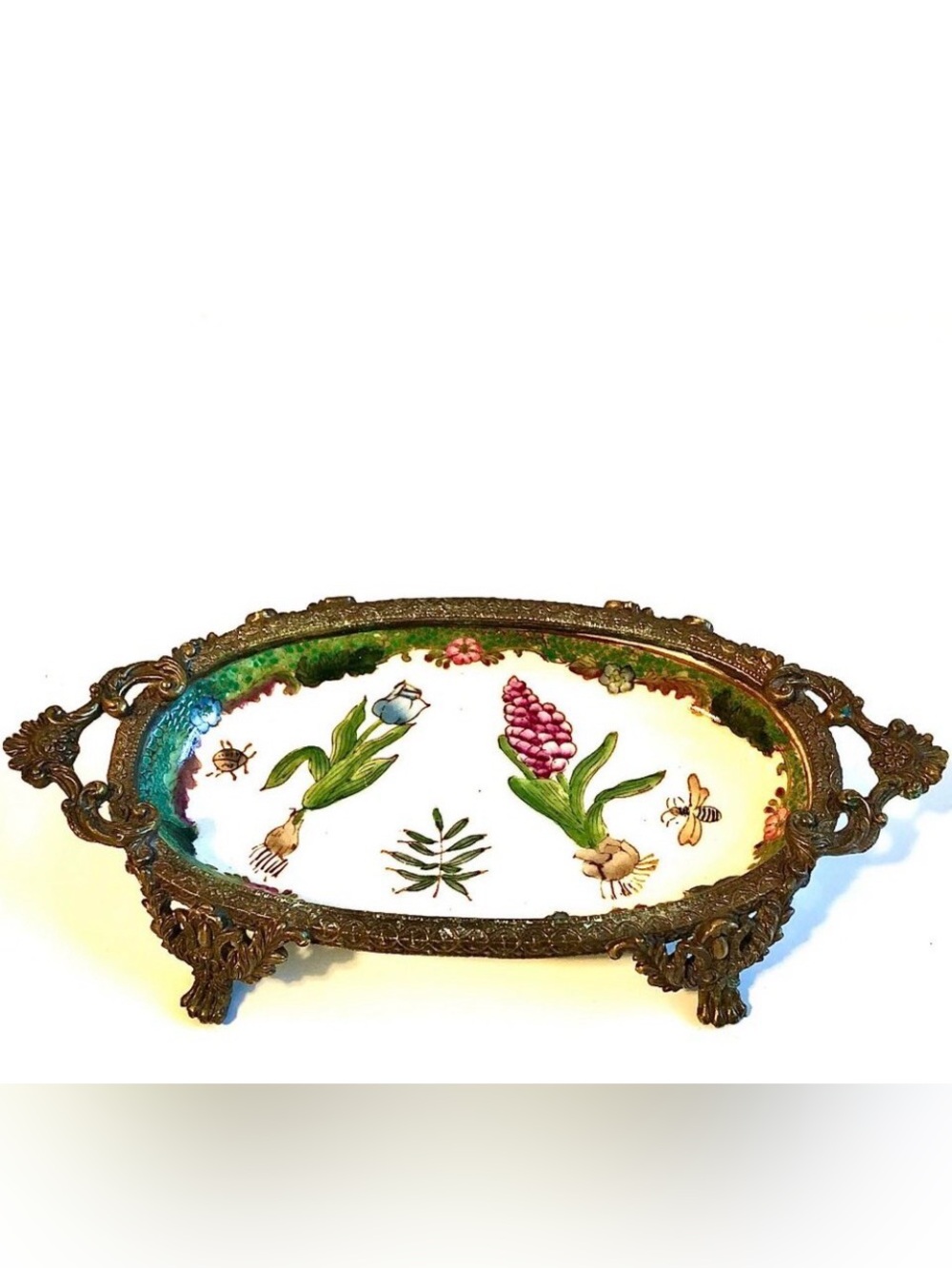NWT WONG LEE Hand Painted Porcelain Bronze Ormolu Oval Tray Soap Dish 8x4"